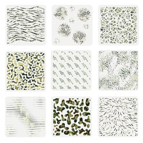 NBEADS 9 Stück 9 Stile Camouflage-Malschablonen, 30 x 30 cm, wiederverwendbare Camouflage-Schablonen zum Malen auf Holz, Leinwand, Papier, Stoff, Boden, Wand, Fliesen von nbeads