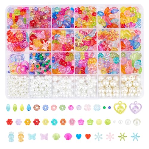 NBEADS 960 Stück 22 Stile Acryl Perlen Schmuck Machen Kit, Glasperle Perle Transparente Candy-Anhänger Schmetterling Charms Blume Herz Perlen Schneeflocken-Anhänger für Halskette Armband Machen von nbeads