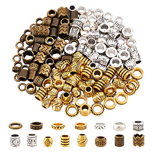 NBEADS Afrikanische Haarperlen, Bartperlen, große Haarperlen, tibetischer Stil, Legierung, Dreadlock-Perlen, afrikanische Perlen für Männer und Frauen, Haarschmuck, Silber/Gold/Bronze, Loch 5–9 mm, von nbeads