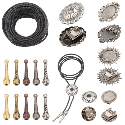 NBEADS Bolo-Krawatten-Set, Bolo-Krawattenspitzen, Ersatz-Set, Bolo-Krawattenschnalle mit 10 Kordelenden, 5 Bolo-Krawatten-Verschlüssen und 45 m Leder-Krawattenschnur für Bolo-Krawattenherstellung, von nbeads