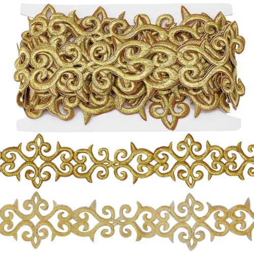 NBEADS Ca. 4.8 m Goldstickerei Spitzenband Borte, 7.5 cm Breite Selbstklebende Spitzenborte Zum Aufbügeln von Metallischer Blumenspitze Polyesterbänder Zum Nähen von Kostümen Bekleidungszubehör von nbeads