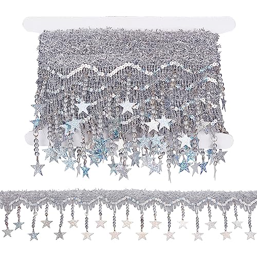 NBEADS Etwa 4.5m Stern Perlen Trim, Stickerei Spitze Trim Star Craft Paillette Fransen Spitze Sparkle Quaste Spitze Band für Nähen Handwerk Home Party Dekoration, Silber von nbeads