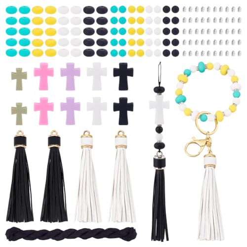 NBEADS Kreuz Machen Kit, 90 Stück Kreuz und runde Silikonperlen 4 Stück PU Leder Quaste Anhänger 24m Nylonfaden 50 Stück Eisen Strass Abstandshalter Perlen für Herstellung von Halsketten Armbändern von nbeads