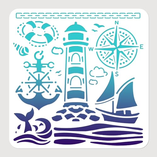 NBEADS Marine Thema Malerei Schablone, 30x30cm Leuchtturm Schiff Anker Journal Schablonen Ausgehöhlte Kunst Schablonen Pet Wiederverwendbare Schablonen für Malerei Journaling Tagebuch Scrapbook von nbeads