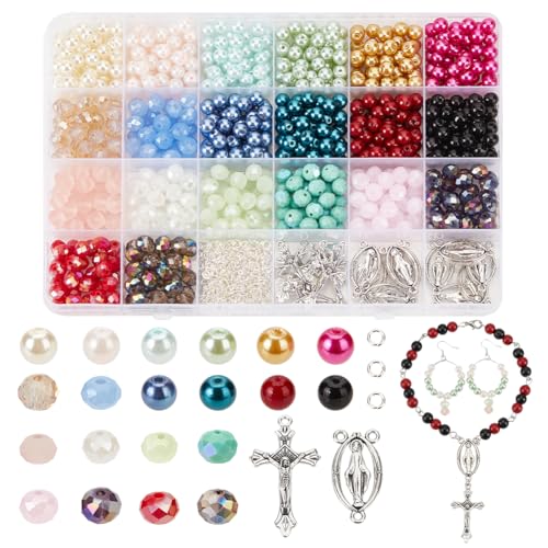 NBEADS Rosenkranz Kreuz Bausatz, 1120 Stück Bausatz Rosenkranzkreuz Kreuz Perlen Kit Glasperlen Schmuck Bastelset für Rosenkranz Ostern Armband Halskette Machen von nbeads