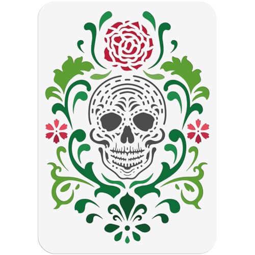 NBEADS Totenkopf Gelockt Blume PET Malerei Schablone, 21x29.7cm Zeichnung Malerei Schablonen Wiederverwendbare Plastikschablonen für Malerei auf Holz Stoff Papier Wände Leinwand Möbel von nbeads