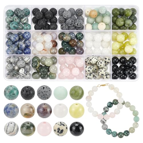 NBEADS Ungefähr 180 Stück 15 Arten Natursteinperlen, 10mm Runde Abstandsperlen Natürliche Lose Perlen Runde Edelsteinperlen Für DIY Handwerk Armband Schmuckherstellung, Bohrung: 1-1.5 mm von nbeads