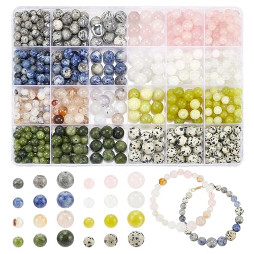 NBEADS Ungefähr 632 Stück 24 Arten Natursteinperlen, 6-10mm Runde Abstandsperlen Natürliche Lose Perlen Runde Edelsteinperlen Für DIY Handwerk Armband Schmuckherstellung, Bohrung: 1mm von nbeads