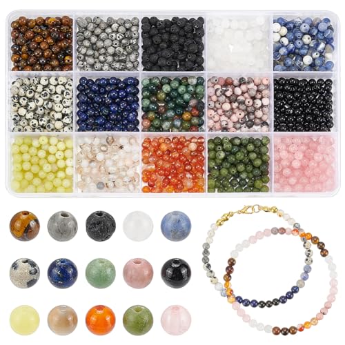 NBEADS Ungefähr 660-1440 Stück 15 Arten Natursteinperlen, 4mm Runde Abstandsperlen Natürliche Lose Perlen Runde Edelsteinperlen Für DIY Handwerk Armband Schmuckherstellung, Bohrung: 0.8-1mm von nbeads