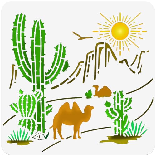 NBEADS Westliche Wüste Journal Vorlage, 30x30cm Sonne Kaktus Kamel Malerei Schablonen Craft Stencils PET Wiederverwendbare Schablonen für Scenic Spot Home Wand Spray gemalt Dekor von nbeads