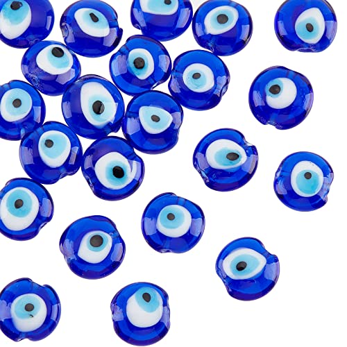 NBEADS ca. 24 Stück Glas Evil Eye Perlen, 15 mm Blaue Handgefertigte Lampwork Perlen Flach Rund Evil Eye Charms Türkisch Evil Eye Spacer Perlen Für Schmuck Halskette Armband Ohrringe von nbeads