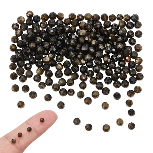 NBEADS etwa 260 Stück Natürliche Obsidian Perlen, 3mm Golden Sheen Obsidian Perlen Facettierte Edelsteine Perlen Runde losen Stein Perlen für DIY Armband Halskette Schmuck Machen, Loch: 0.5mm von nbeads