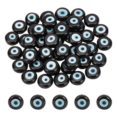 NBEADS über 49 Stk. Böses Auge Lampwork Perlen, 8mm Flach Rund Lampwork Abstandshalter Perlen Schwarzes Türkisches Böses Auge Lose Perlen für Schmuckherstellung Halskette Armband Loch: 1mm von nbeads