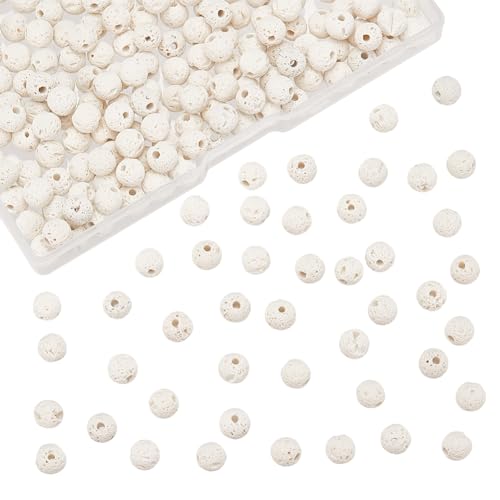 nbeads 1 Box Ca. 250 Stück Natürlich Gefärbte Lava-Perlen, 6mm White Rock Edelstein Runde Lose Perlen Für DIY Schmuck Armband Halskette Herstellung, Bohrung: 1 mm von nbeads