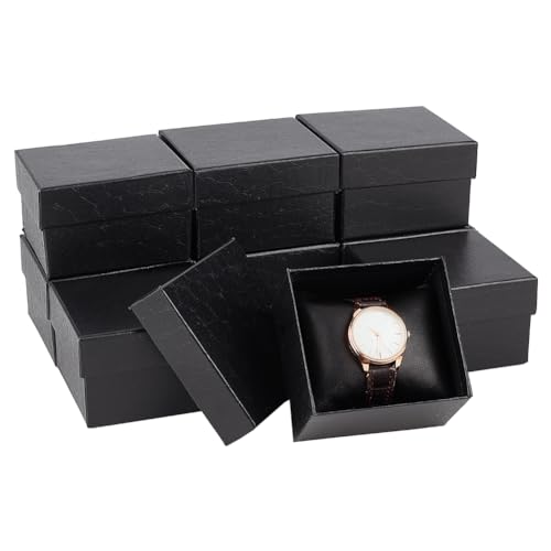 nbeads 10 Stück Rechteckige Uhrenboxen, 8x8.8x5.6cm Armbanduhr-Geschenketui Mit PU-Leder-Kissen Papp-Schmuckschatullen Für Uhren Schmuck Geschenke Armbänder Handgelenkmanschetten, Schwarz von nbeads