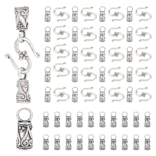 NBEADS 100 Stk. Tibetischer Stil Kordelenden mit 100 Stück S-Haken Klammern, Antik-Silber-Klebe-Endspitzen Metall-Leder-Quaste Endkappen S-Haken-Schmuck-Verbinder für DIY-Armband Schmuckherstellung von nbeads