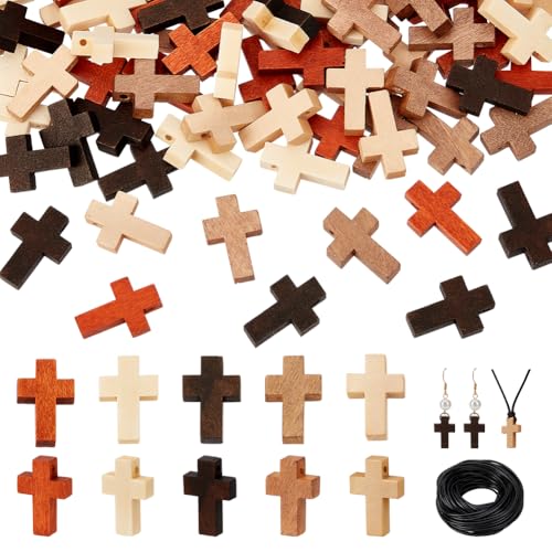 nbeads 100 Stück Klein Holzkreuz Anhänger, Kleine Kreuzperlen Gemischte Farben Holzkreuz Set Mit 10 m Polyesterschnur Zum Herstellen von Halsketten Armbändern Ohrringen, Bohrung: 1.8mm von nbeads