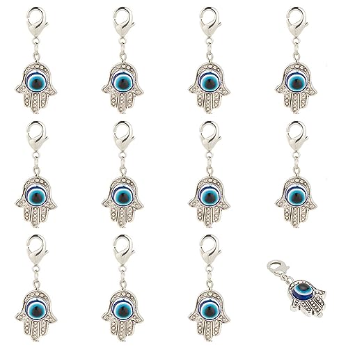 nbeads 12 STK. Böses Auge Hamsa Hand Charm mit Karabinerverschluss, Harz Böser Augen Charm Hand Charm Clip auf Anhänger für hängende Ornament DIY-Schmuck Halskette Handwerk Machen, Antik Silber von nbeads