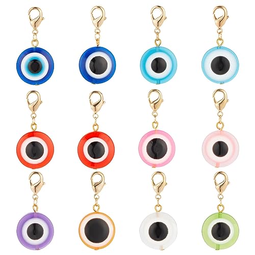 nbeads 12 STK. Flache Runde Harz Böse-Augen-Anhänger, Zufällig bunt Böses Auge Perlen Messing-Harz Böses Auge Charms Clip auf Anhänger für Ohrring Halskette Handwerk Schmuck Machen von nbeads