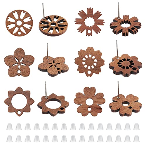 nbeads 18 Paar natürliche Holz Ohrstecker, 6 Stile Holz Blumen Ohrstecker Ohrringe Pfosten Ohrringe Walnussholz Ohrring Zubehör mit Edelstahl Pin und Kunststoff Ohrmuttern für DIY Schmuckherstellung von nbeads