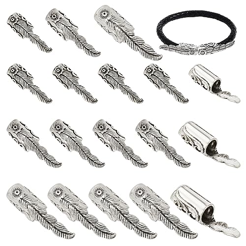 nbeads 18 Stück 3 Größen Blume mit Feder Cord Endkappen, Antik Silber Legierung Cord Ends Metall Leder Ends Caps Barrel Endkappen für DIY Armband Kumihimo Schmuck Machen von nbeads