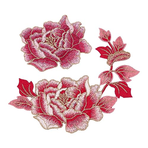 nbeads 2 STK. 2 Stile Stickerei Pfingstrose Blumen Patches, Pfingstrose Blumenaufnäher Aufnähen DIY Gestickten Applikationen für Kleidung Dekoration Reparatur Nähen Handwerk, Cerise von nbeads