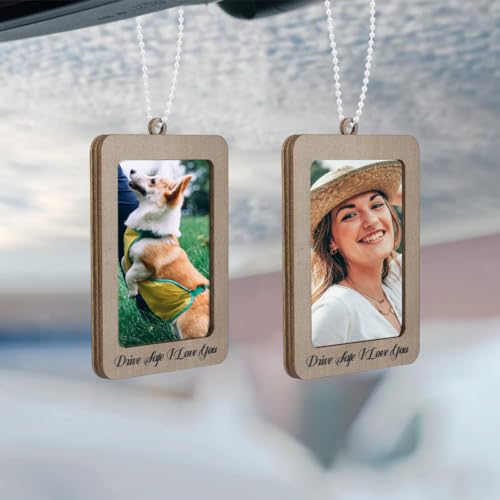 nbeads 2 Stk. Auto Hängende Bilderrahmen, Auto-Fotorahmen aus Holz 10x6.8cm Hängender Fotorahmen mit Seil für Familie Haus Autozubehör, Fahren Sie sicher Ich liebe dich von nbeads