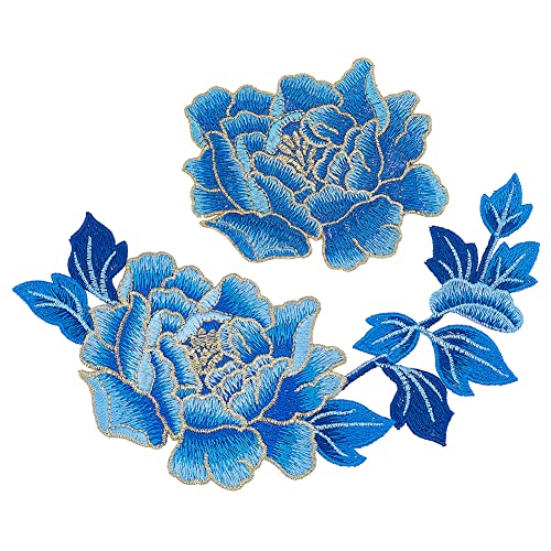 NBEADS 2 Stück Stickerei-Pfingstrosen-Blumen-Patches, 2 Stile Zum Aufnähen von Pfingstrosen-Blumenflicken DIY-Stickapplikationen Für Kleidung Dekoration Reparatur Nähen Basteln Kornblumenblau von nbeads