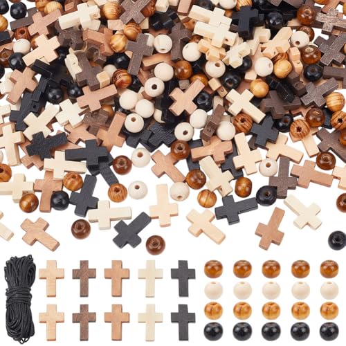 nbeads 200 Stück Kreuz-Anhänger, Holzkreuz-Perlen Kreuz Charms mit 160 Stk. Runden Holzperlen 10m Elastischer Faden für Armband Halskette Ohrring Schmuckherstellung von nbeads