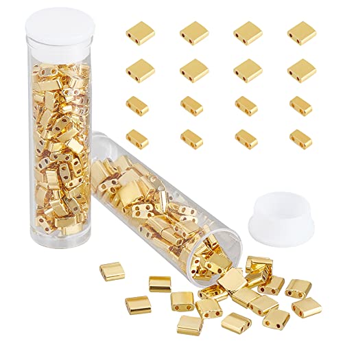 nbeads 226 Stück Tila Perlen Mit 2-Loch, Halbe Tila-Perlen 5x5mm/5x2mm 2-Loch Glas Rocailles Spacer Rechteck Mini Perlen Japanische Glasperlen Für Armband Halskette Ohrring Schmuckherstellung, Golden von nbeads