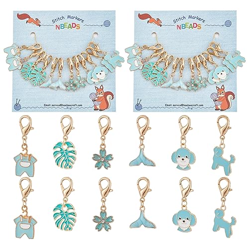 nbeads 24 Stück Blau Thema Stich Marker, Emaille Hund/Wal Schwanz/Blatt/Blume/Kleidung häkeln Stich Marker Charms Hummer Klaue Clasps Sperren Stich Marker für Stricken Weben Nähen Schmuck von nbeads