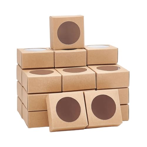 nbeads 24 Stück Kraftpapierboxen Mit Fenster 6.3x6.3x3cm, Braune Box Rundes Fenster Box Wiederverwendbar Leckerli-Box Für Geschenk Schmuck von nbeads