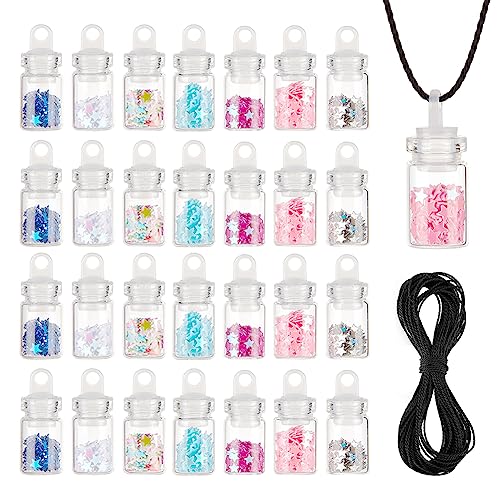 nbeads 28 Stück 7 Farben Wunschflaschenanhänger, Nachfüllbare Flaschen Wunschflaschen Glasflasche mit Stern Glitzer Pailletten/Paillette und gewachstem Polyesterband für Hochzeit Party von nbeads