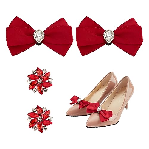 nbeads 4 Stück 2 Stile Rote Schleife Schuhclip, Strass Blume Schuh Clip Abnehmbare Schuhe Schnalle Hochzeit Braut Schuh Charme Für Prom Party Schuh Dekoration Schnalle Zubehör von nbeads