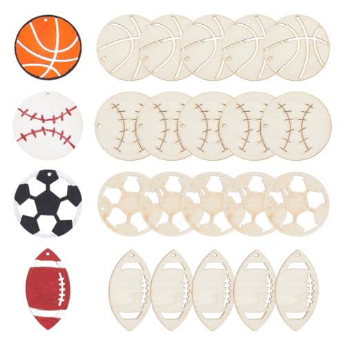 nbeads 40 Stk. Sport Ball Thema unvollendet Holzausschnitt, Unvollendete Holzstücke Holzhandwerk Rohlinge Laser Cut Holz Anhänger für DIY-Handwerk Dekoration Scrapbooking Embellishments, PapayaWhip von nbeads