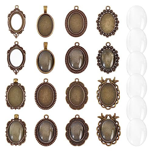 nbeads 42 Stück Lünette Anhänger Rohlinge Einstellungen, 2.5×1.8cm Antike Bronze Oval Blank Lünette Anhänger Trays Einstellungen mit Glas Cabochons für Memorial Foto Schmuck Machen von nbeads