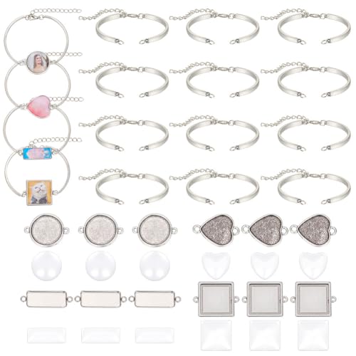 nbeads 48 Stück Blank Armband Making Kit, 4 Stile Edelstahl-Armband Lünette Einstellungen Glas Cabochon Lünette Tray Blank Bangles Armbänder mit Glas Cabochons für Schmuckherstellung DIY Handmade von nbeads