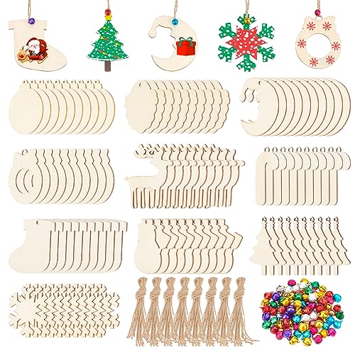 nbeads DIY Weihnachtsdekor-Bastelset, Enthält 100 Stück Holzanhänger In 10 Stilen, 100 Stück Eisenglockenanhänger 10 Bündel Hanfseil Für Weihnachtsbaumdekoration DIY-Handwerk Hängende Ornamente von nbeads