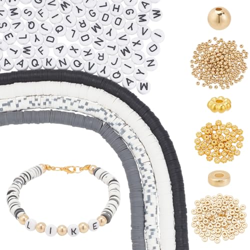 nbeads Etwa 1829 Stück Perlen Set Zum Auffädeln, Polymer-Ton-Perlen-Set DIY Schmuckherstellung Finding Kit Buchstabenperlen Aus Flache Abstandsperlen Goldene Blumenperlen Für Armband-Ohrringe von nbeads