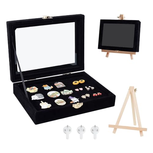 NBEADS Wandhängende Samt Pin Vitrine, Schwarz Schmuck Präsentation Boxen mit Fenster und Holz Staffelei Brosche Schmuck Aufbewahrungsbox für Pins Medaillen Insignien Schmuck, 20.1x16x4.9cm von nbeads