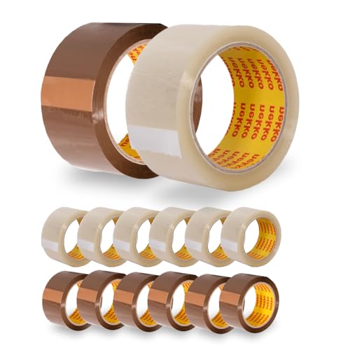 nekko 12 (6+6) Rollen Paketklebeband, 6 Transparent + 6 Braun - Starke Klebekraft, Kein Einreißen, Leises Abrollen - Packband Verpackungsband - 50mm x 66m Klebeband von nekko