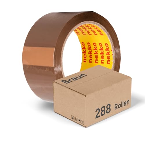 nekko 288 Rollen Paketklebeband Braun- Starke Klebekraft, Kein Einreißen, Leises Abrollen - Packband Verpackungsband - 50mm x 66m Klebeband von nekko