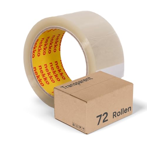 nekko 72 Rollen Paketklebeband Transparent- Starke Klebekraft, Kein Einreißen, Leises Abrollen - Packband Verpackungsband - 50mm x 66m Klebeband von nekko