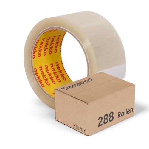 nekko 288 Rollen Paketklebeband - Starke Klebekraft, Kein Einreißen, Leises Abrollen - Packband Verpackungsband - 50mm x 66m Transparent Klebeband von nekko