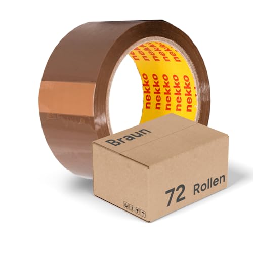 nekko 72 Rollen Paketklebeband Braun- Starke Klebekraft, Kein Einreißen, Leises Abrollen - Packband Verpackungsband - 50mm x 66m Klebeband von nekko