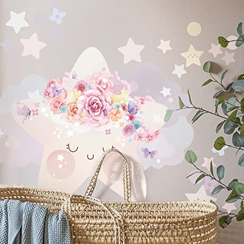 Neukids FABRIC Große Stars Wandtattoo, Kinderzimmer Mädchen Wandsticker, Blumen Wolken Stern Wandaufkleber, Mädchenzimmer Schlafzimmer Wohnzimmer Babyzimmer Klassenzimmer Wanddeko von neukids