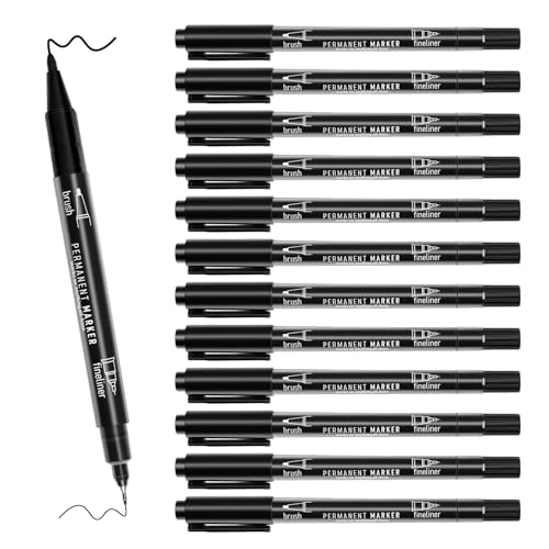 12 Permanent Marker, Filzstifte mit Feiner Spitze Schwarz Doppelspitze Wasserfest Permanent Marker Dünn Set Wasserfester Stift Schwarz zum Zeichnen Markieren für Glas Stein Holz Keramik (0.5/1.0mm) von newatty