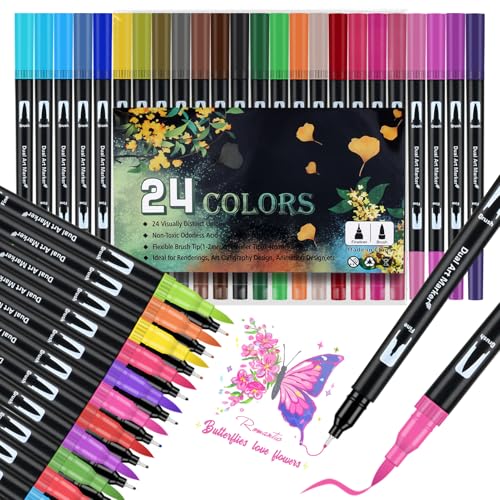 Pinselstift Set, Filzstifte 24 Farben Dual Brush Pen Set Pinselstiften Aquarellpinsel Pine Fineliners Filzstifte mit Zwei Spitze Farbige Stifte Markierungen auf Wasserbasis für Kalligraphie Mandala von newatty