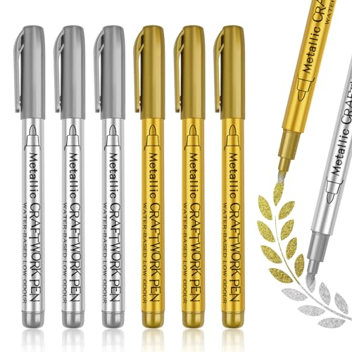 Metallic Marker Stifte Gold Silber, 6 Markierstifte Metallic Gold Silber Acrylstifte Stift Gold Silber Wasserfest für Glas Leinwand Stein Metall Papier Grabstein Goldstift von newatty