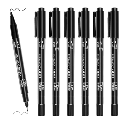 newatty 6 Permanent Marker, Filzstifte mit Feiner Spitze Schwarz Doppelspitze Wasserfest Permanent Marker Dünn Set Wasserfester Stift Schwarz zum Zeichnen Markieren für Glas Stein Holz von newatty